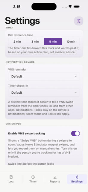 EpiNotes settings showing customizable options like the timer reference time and VNS tracking