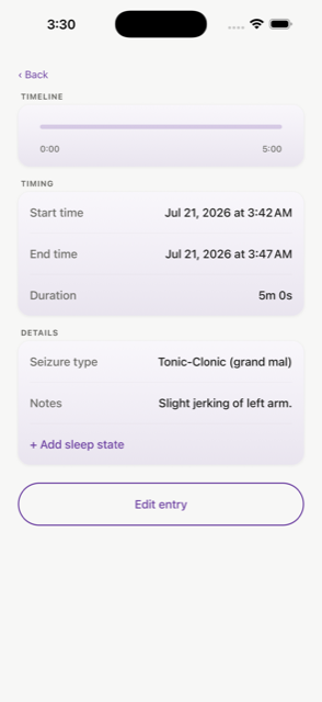 An EpiNotes seizure entry showing its timing, type, notes, and an Edit button