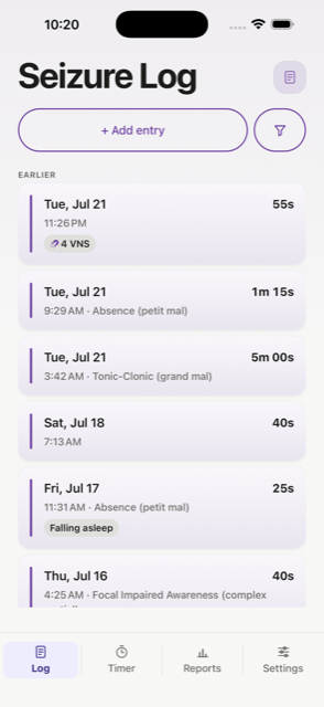 The EpiNotes seizure log list