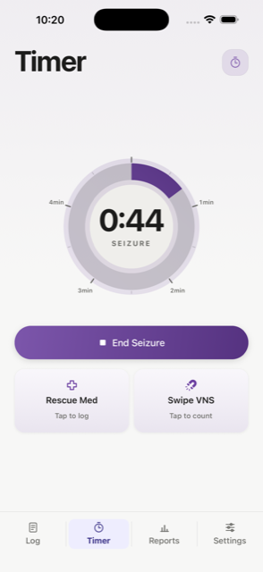 The EpiNotes live seizure timer showing an elapsed dial